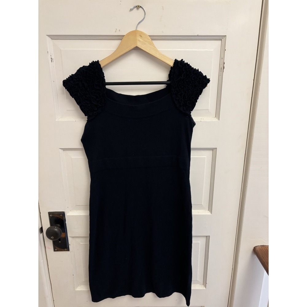 Tahari Women's Navy Sleeveless Sweater Dress Ruffle‎ Shoulder Size Small